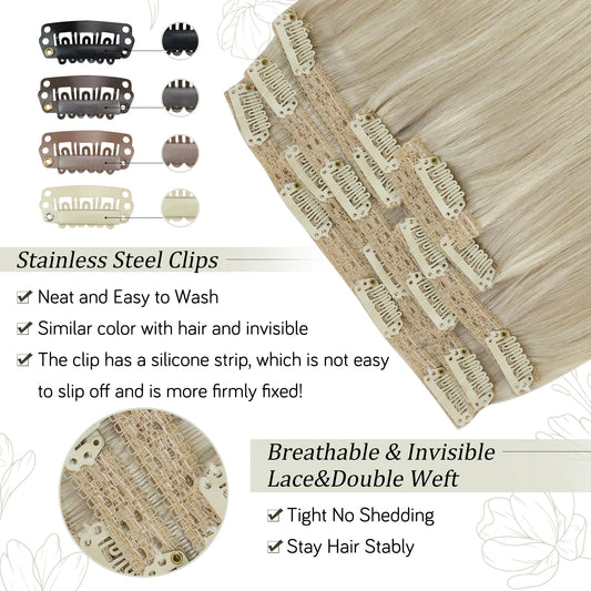 VeSunny Clip in Hair Extensions Human Hair Double Weft Remy Wigs 7pcs Clip on Extensions Dark Brown Blonde 100g Brazilian Hair