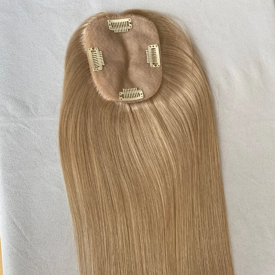 100% Human Hair Toppers for Women- 10/12 cm Silk Base Virgin Remy Hair Toppers 65-70 Grams Clip in Hair Toupee for Thinning Hair