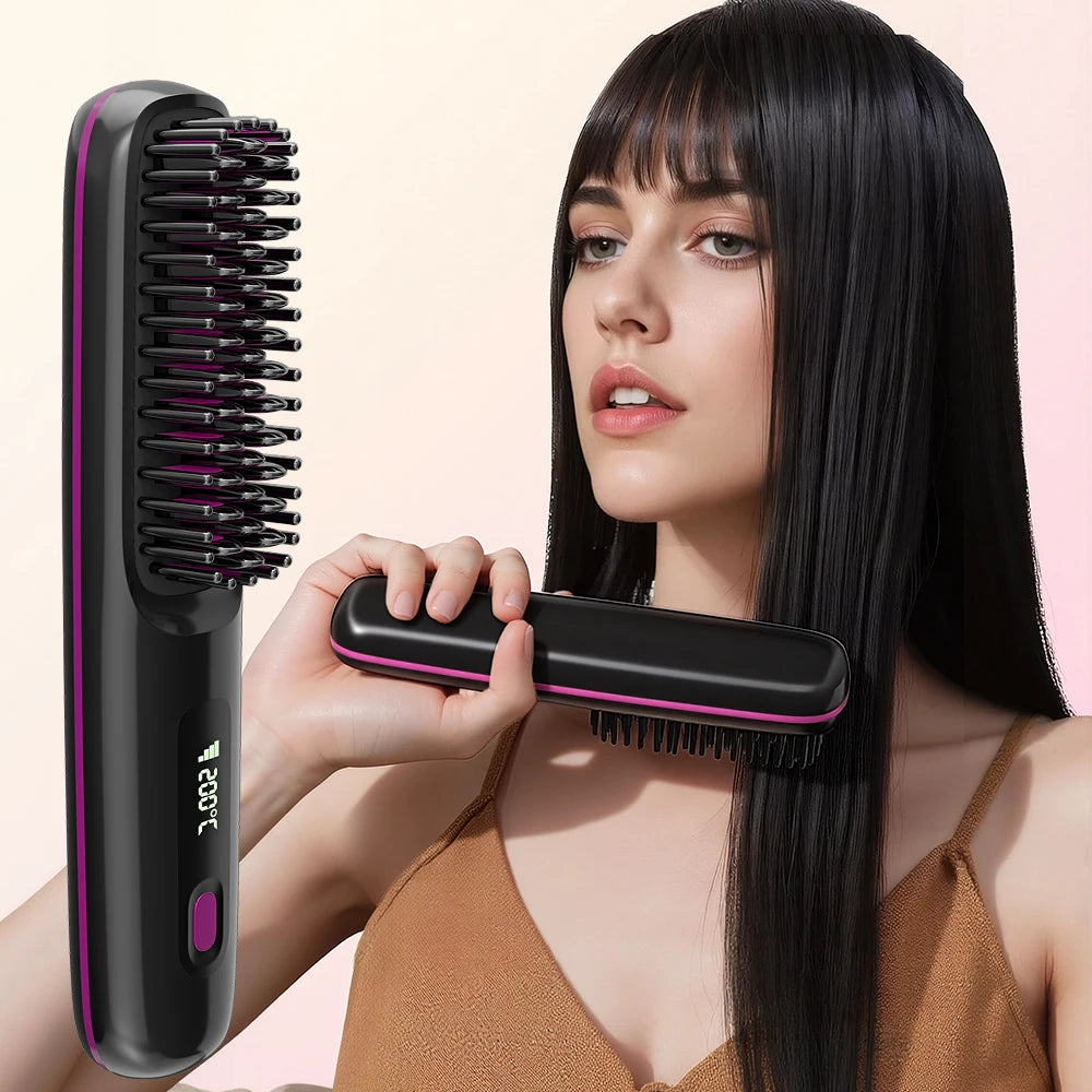 Ionic Straightening Comb, Hair Straightener Brush Ceramic Hot Comb for Women - 20s Fast Heating, 3 Temp Settings and LED Display