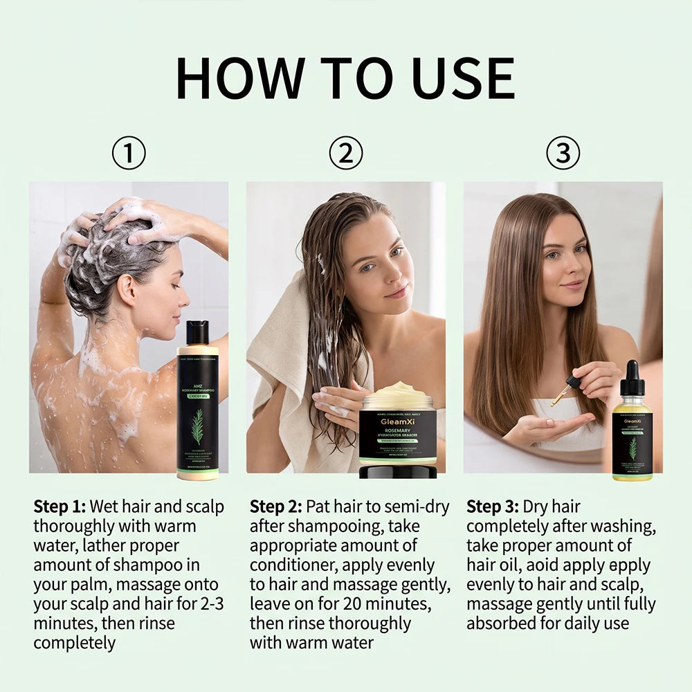 Rosemary Hair Set- Shampoo, Conditioner, Oil -Nourishing, Smoothing, Hydrating Silky Shine- 3pcs Daily Care