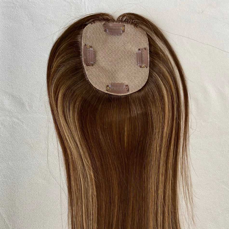 100% Human Hair Toppers for Women- 10/12 cm Silk Base Virgin Remy Hair Toppers 65-70 Grams Clip in Hair Toupee for Thinning Hair
