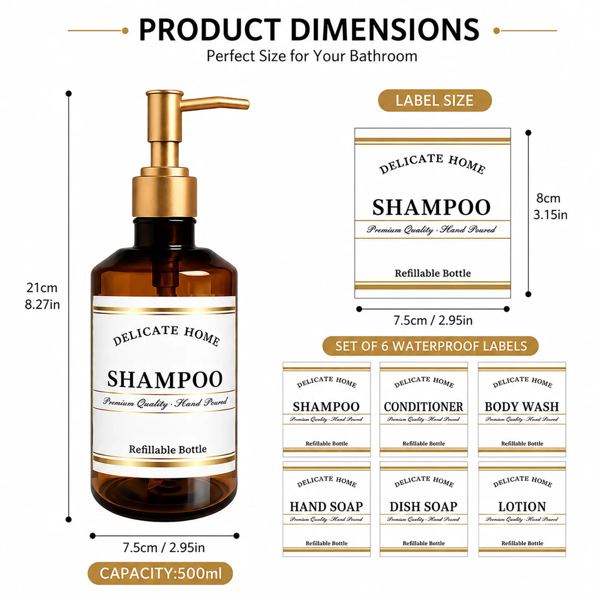 Shampoo Conditioner Dispenser -Amber Plastic Pump Bottles for Bathroom Shower -500ml Refillable Bottles for Shampoo Body Wash and Conditioner each sold seperately