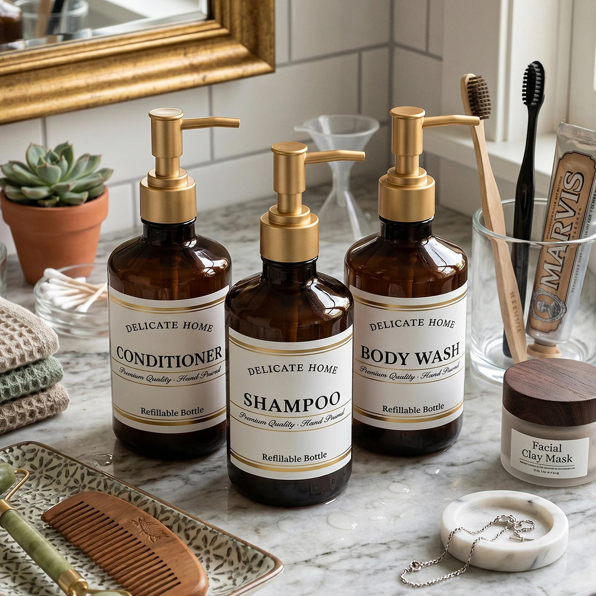 Shampoo Conditioner Dispenser -Amber Plastic Pump Bottles for Bathroom Shower -500ml Refillable Bottles for Shampoo Body Wash and Conditioner each sold seperately