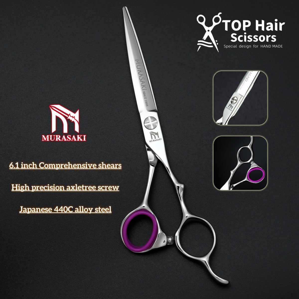 MURASAKI Professional Barber Scissors,6.0 Inch Japanese 440C Steel Hairdressing Scissors,Salon High-Quality Hair Cutting Tools