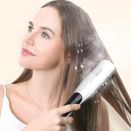 Negative Ion Steam Hair Straightener/ Brush Styling Comb/ 2In1 Straightening Curler/ Fast Heating Ceramic/ Anti-scald Flat Steam pod