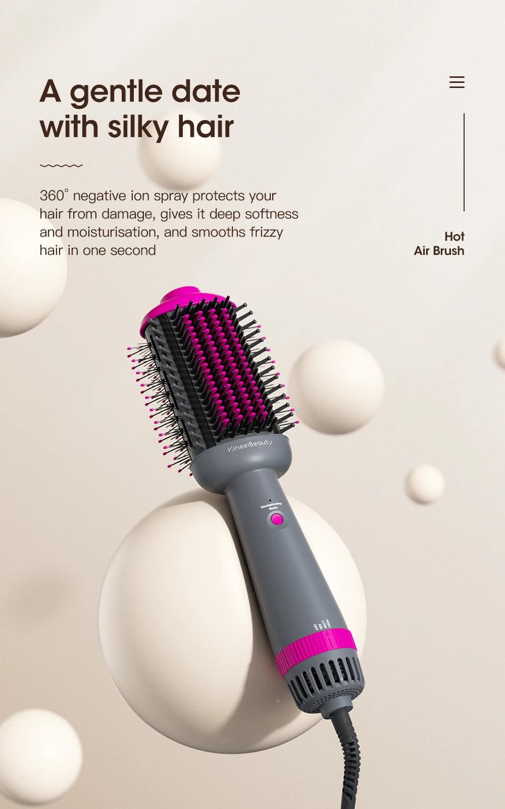 Kinsei Beauty Dryer and Straightening Brush 2 IN 1 Hair Brush Hair Dryer Hot Air Brush Ceramic Anti-ironing Blower Styling Tool