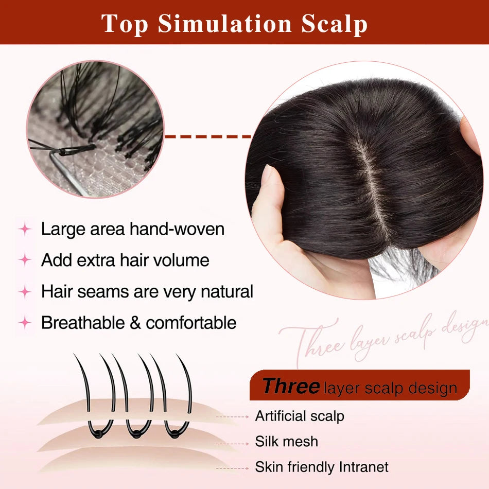 100% Human Hair Toppers for Women- 10/12 cm Silk Base Virgin Remy Hair Toppers 65-70 Grams Clip in Hair Toupee for Thinning Hair