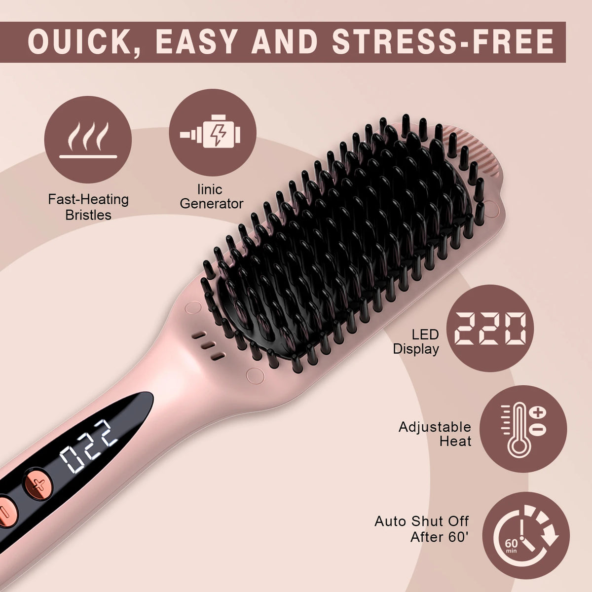 LANDOT Hair Straightener Brush Heats up in 30 seconds Anti-Scald Hot Comb with Ionic Ceramic Bristles, Salon-Smooth & Frizz-Free Results