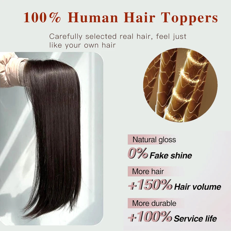 100% Human Hair Toppers for Women- 10/12 cm Silk Base Virgin Remy Hair Toppers 65-70 Grams Clip in Hair Toupee for Thinning Hair