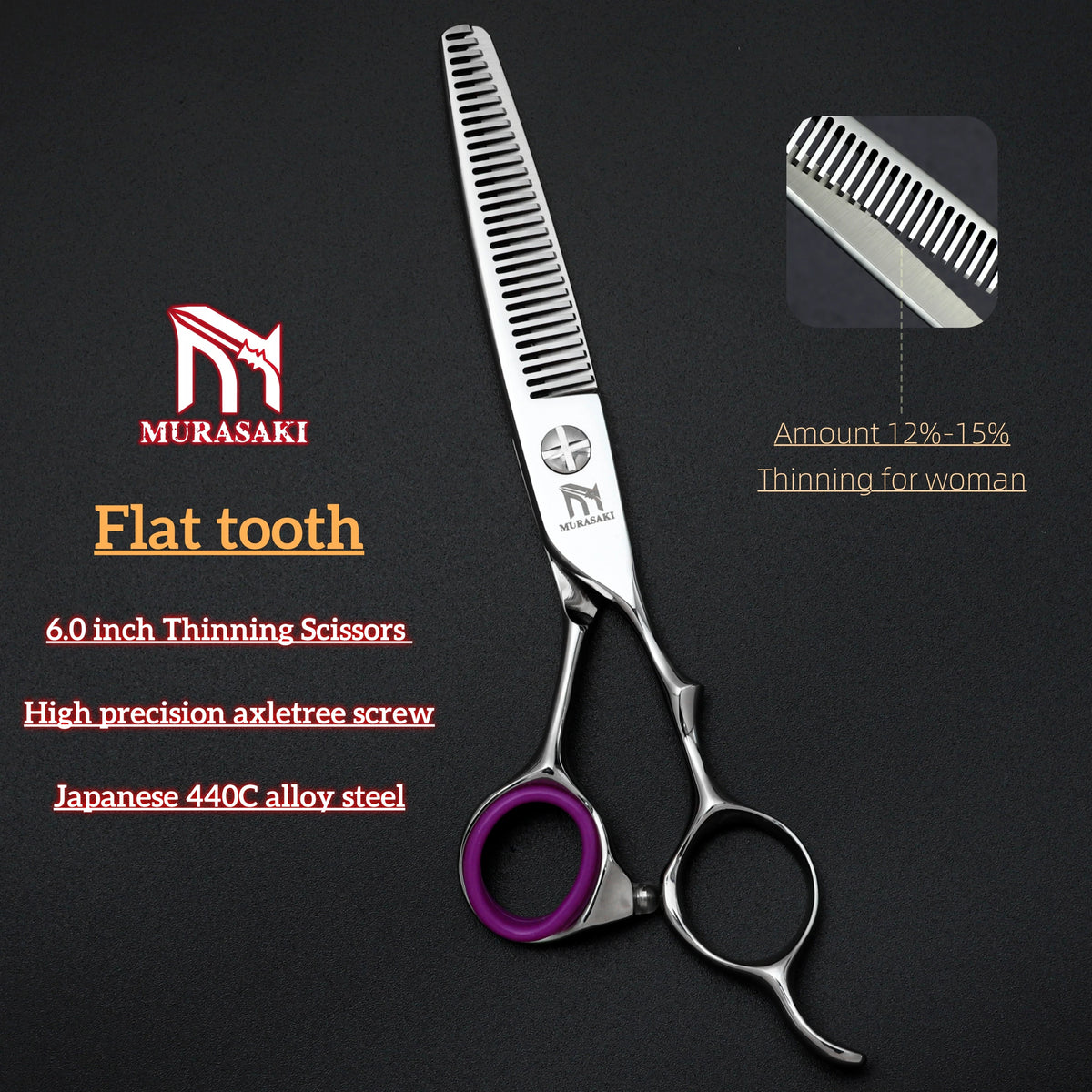 MURASAKI Professional Barber Scissors,6.0 Inch Japanese 440C Steel Hairdressing Scissors,Salon High-Quality Hair Cutting Tools