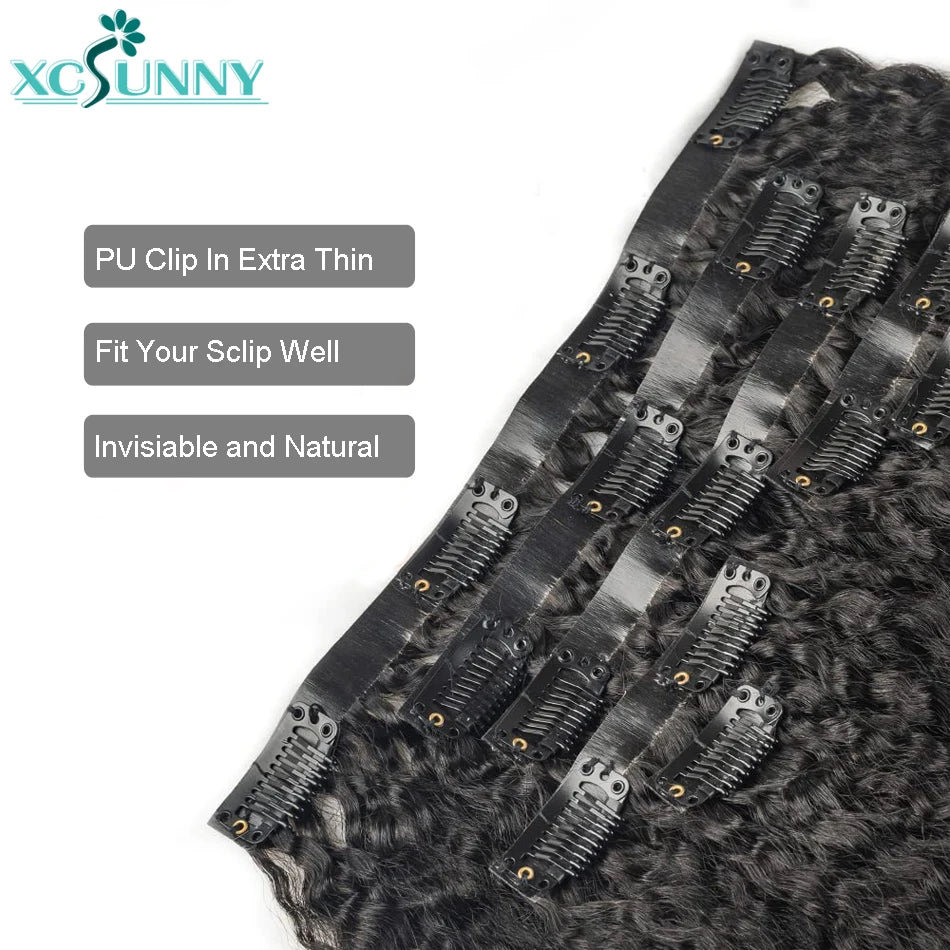 Seamless Clip In Human Hair Extensions 7pcs/Pack Double Drawn PU Skin Weft Remy Human Hair Extensions Kinky Straight