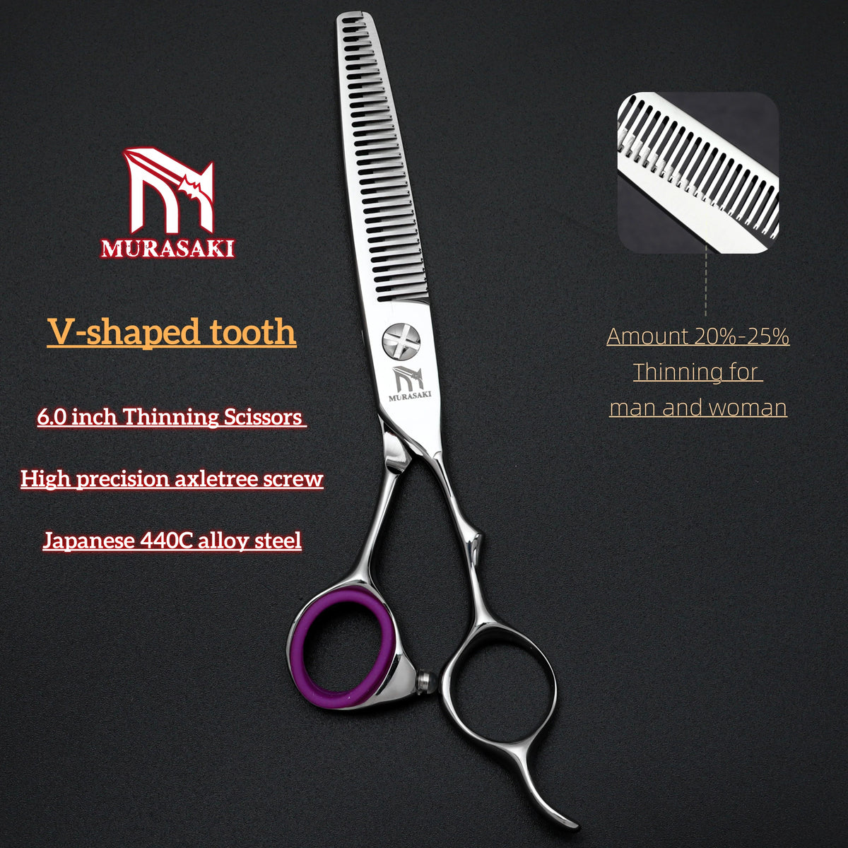 MURASAKI Professional Barber Scissors,6.0 Inch Japanese 440C Steel Hairdressing Scissors,Salon High-Quality Hair Cutting Tools