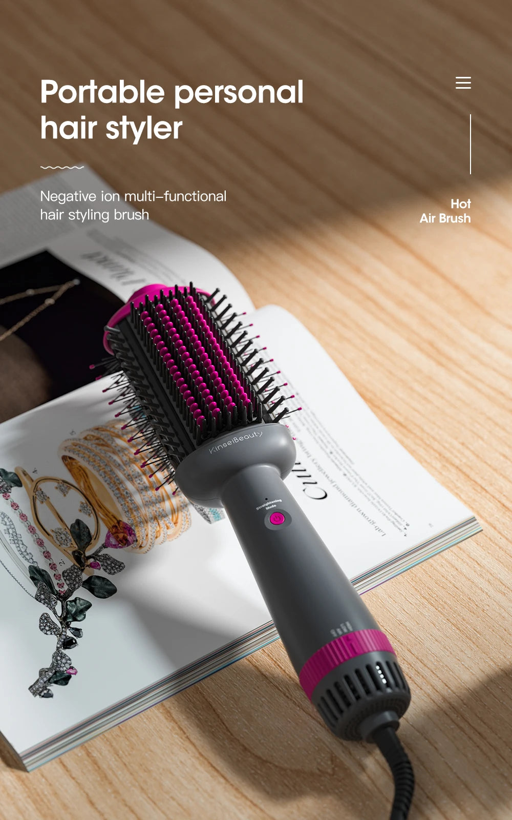 Kinsei Beauty Dryer and Straightening Brush 2 IN 1 Hair Brush Hair Dryer Hot Air Brush Ceramic Anti-ironing Blower Styling Tool