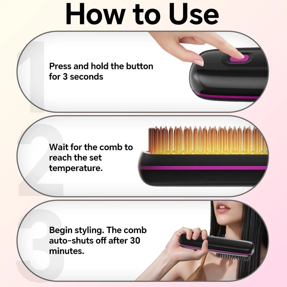 Ionic Straightening Comb, Hair Straightener Brush Ceramic Hot Comb for Women - 20s Fast Heating, 3 Temp Settings and LED Display