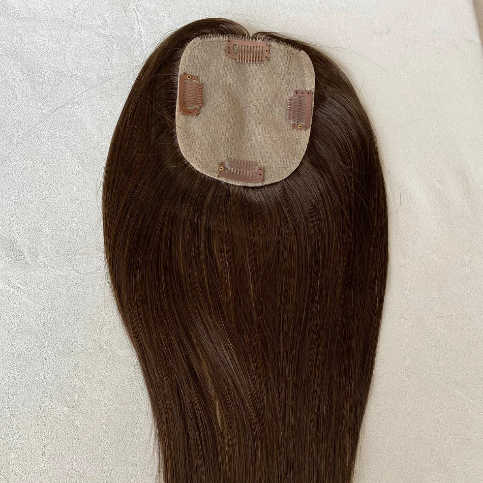 100% Human Hair Toppers for Women- 10/12 cm Silk Base Virgin Remy Hair Toppers 65-70 Grams Clip in Hair Toupee for Thinning Hair