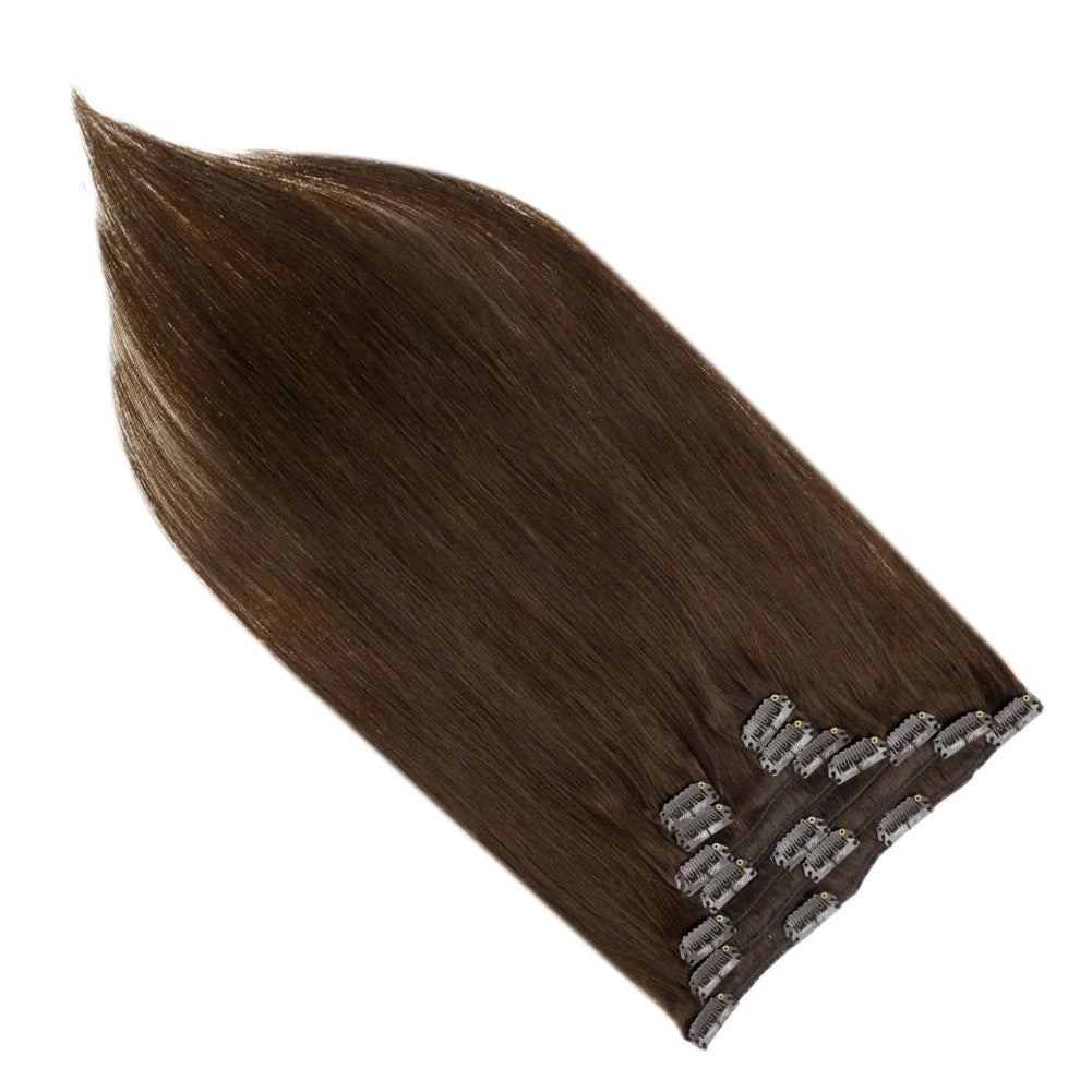 VeSunny Clip in Hair Extensions Human Hair Double Weft Remy Wigs 7pcs Clip on Extensions Dark Brown Blonde 100g Brazilian Hair