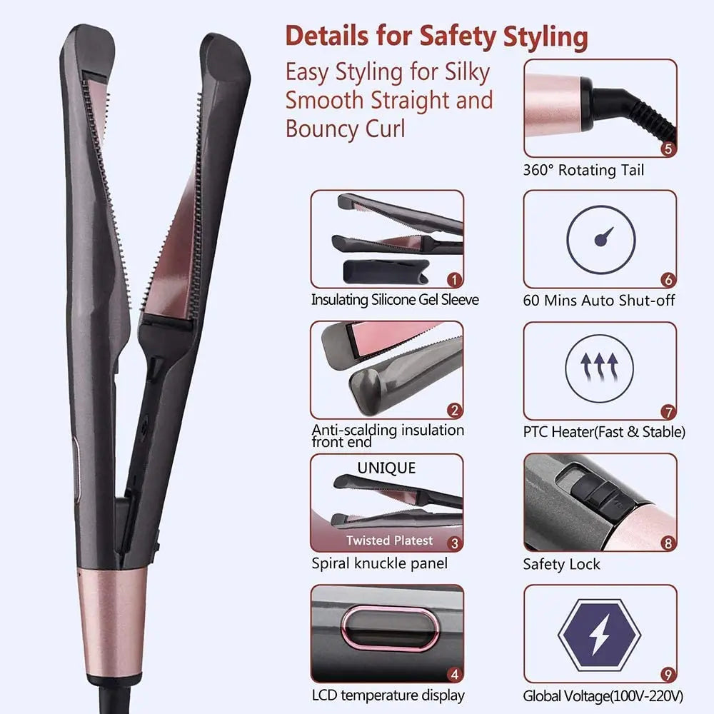 2 in 1 Pro Gold Titanium Flat Iron Twist Hair Curler & Straightener Iron Anti-Frizz For Hair Straightening and Curling/ Styling Tool