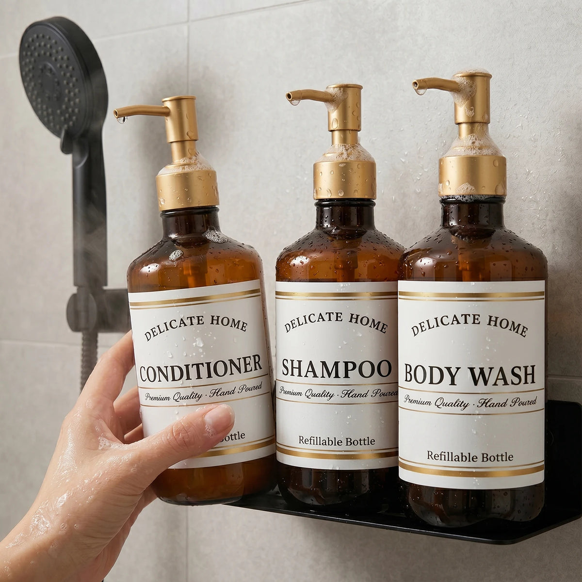 Shampoo Conditioner Dispenser -Amber Plastic Pump Bottles for Bathroom Shower -500ml Refillable Bottles for Shampoo Body Wash and Conditioner    each sold seperately