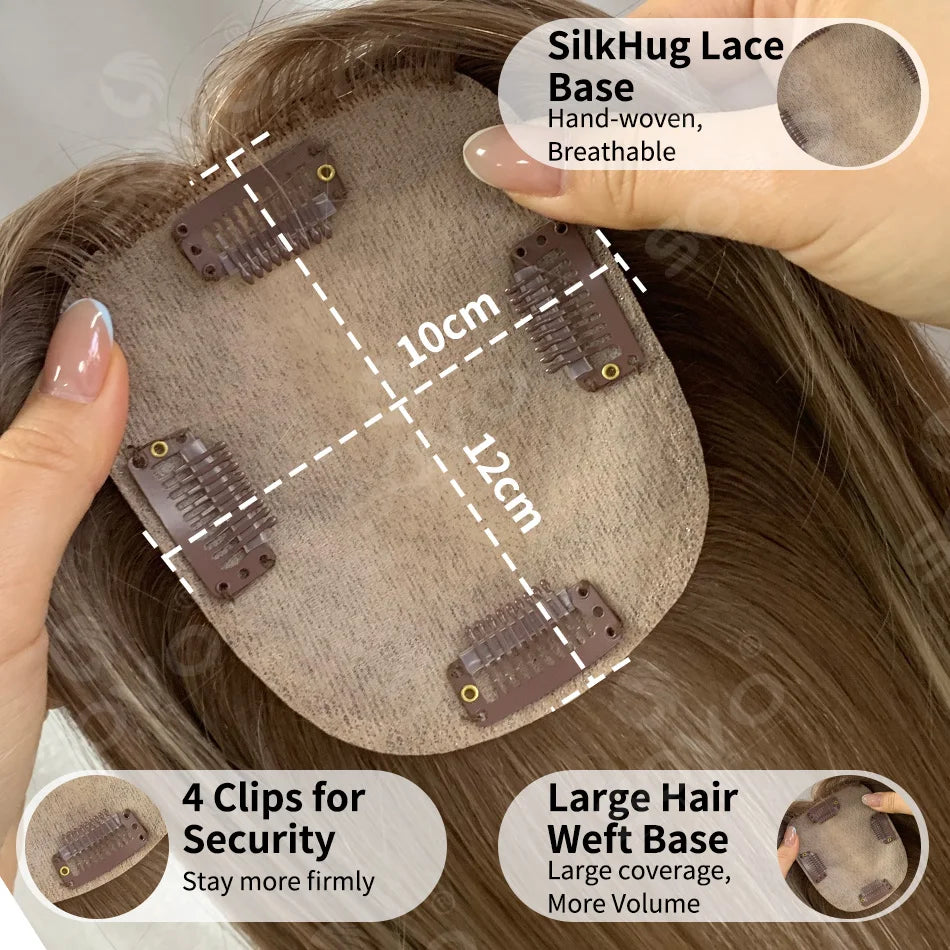 Highlight Straight Human Hair Topper for Women -10x12CM, Skin Base Hair Piece with 4 Clips, Breathable Real Human Hair