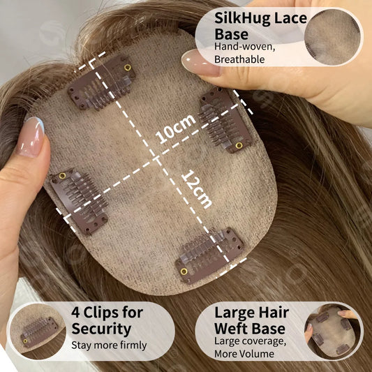 Highlight Straight Human Hair Topper for Women -10x12CM, Skin Base Hair Piece with 4 Clips, Breathable Real Human Hair