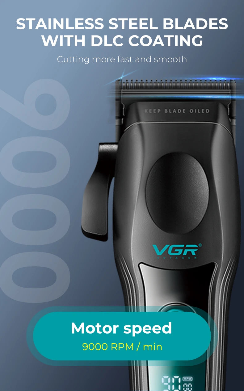 VGR New High end Hair Clipper Metal Body Titanium Alloy Sharp Blade Hair Trimmer LCD Intelligent Digital Shaving Machine V-195