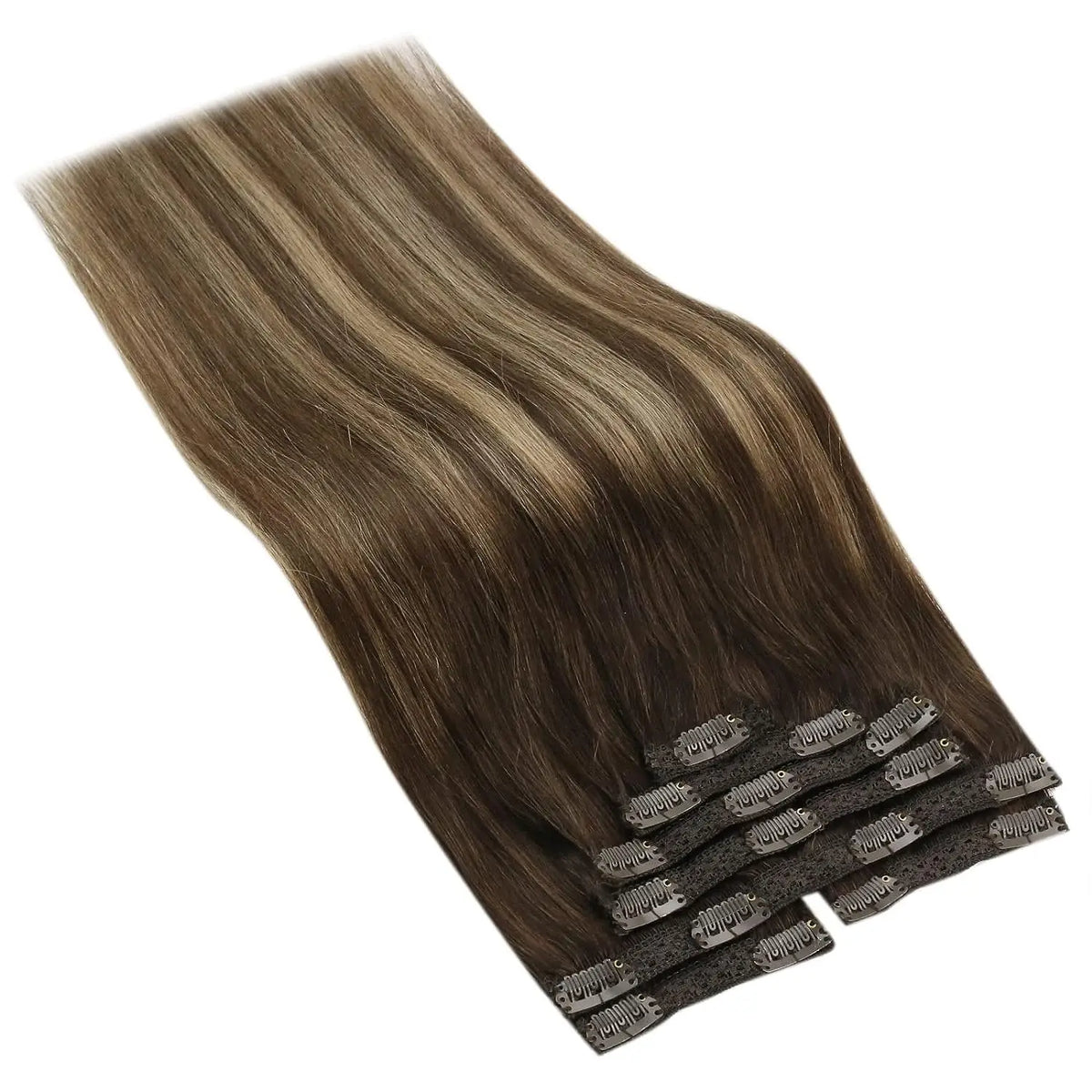 VeSunny Clip in Hair Extensions Human Hair Double Weft Remy Wigs 7pcs Clip on Extensions Dark Brown Blonde 100g Brazilian Hair