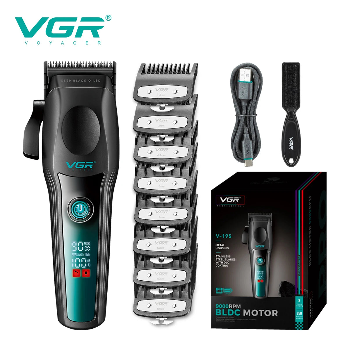 VGR New High end Hair Clipper Metal Body Titanium Alloy Sharp Blade Hair Trimmer LCD Intelligent Digital Shaving Machine V-195