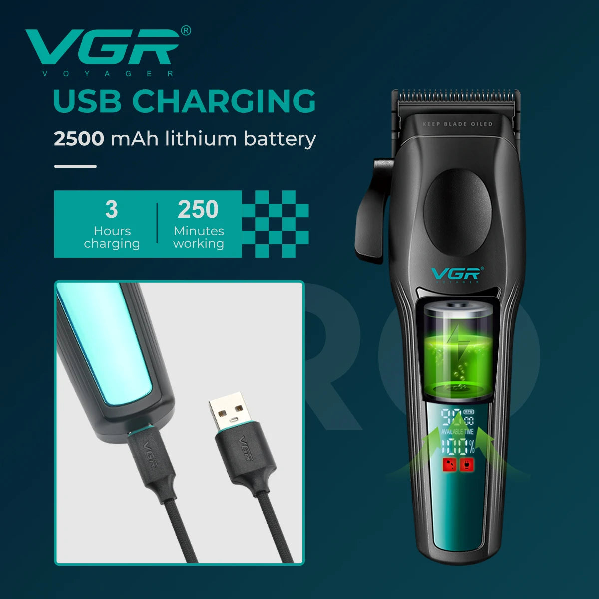 VGR New High end Hair Clipper Metal Body Titanium Alloy Sharp Blade Hair Trimmer LCD Intelligent Digital Shaving Machine V-195
