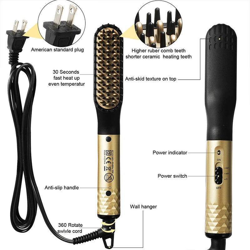 Professional Mini Ceramic Brush Straightener for Beards/ Beard Straightening Comb/ Beard Hair Brush/ Men 's Hair Straightener Comb for Beards