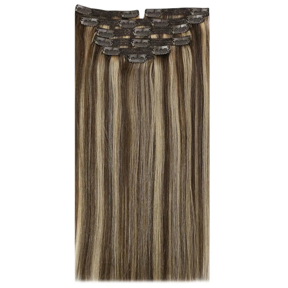 VeSunny Clip in Hair Extensions Human Hair Double Weft Remy Wigs 7pcs Clip on Extensions Dark Brown Blonde 100g Brazilian Hair