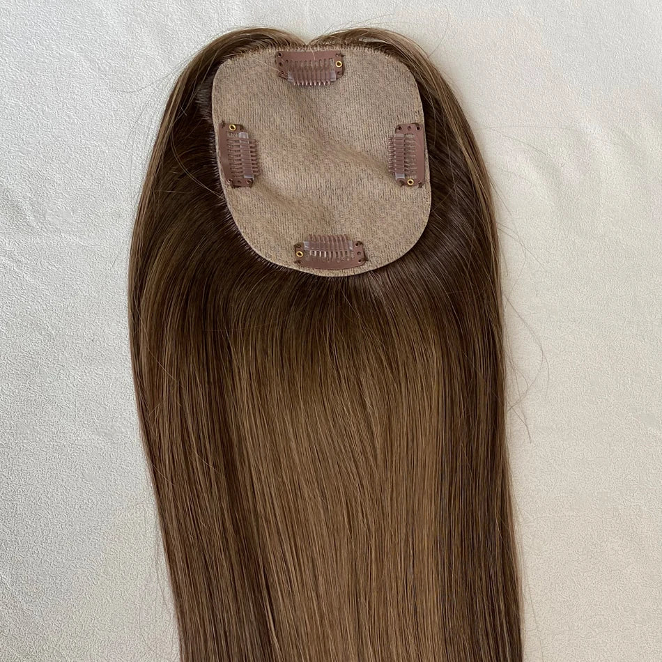 100% Human Hair Toppers for Women- 10/12 cm Silk Base Virgin Remy Hair Toppers 65-70 Grams Clip in Hair Toupee for Thinning Hair
