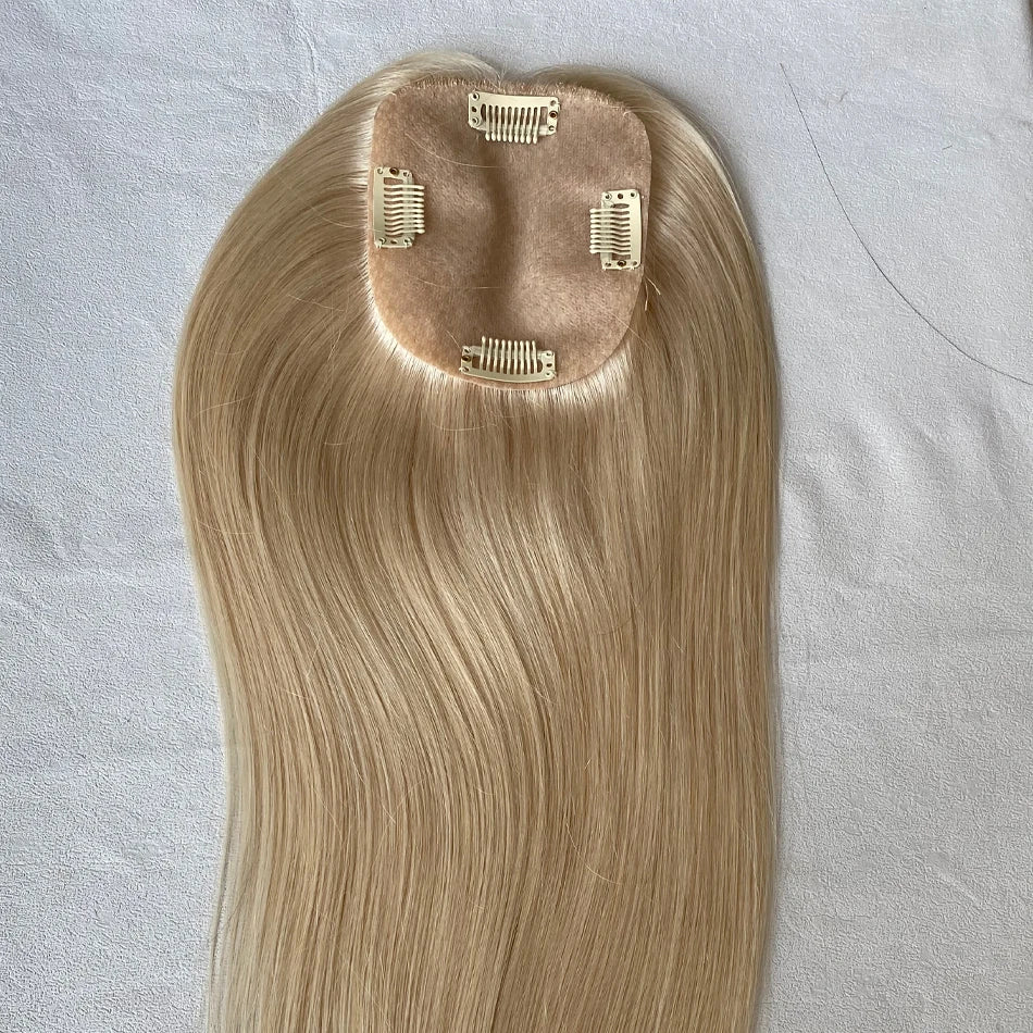 100% Human Hair Toppers for Women- 10/12 cm Silk Base Virgin Remy Hair Toppers 65-70 Grams Clip in Hair Toupee for Thinning Hair