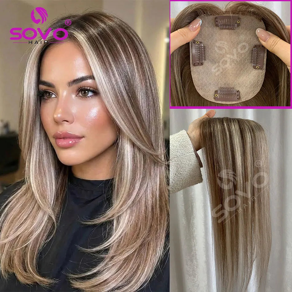 Highlight Straight Human Hair Topper for Women -10x12CM, Skin Base Hair Piece with 4 Clips, Breathable Real Human Hair