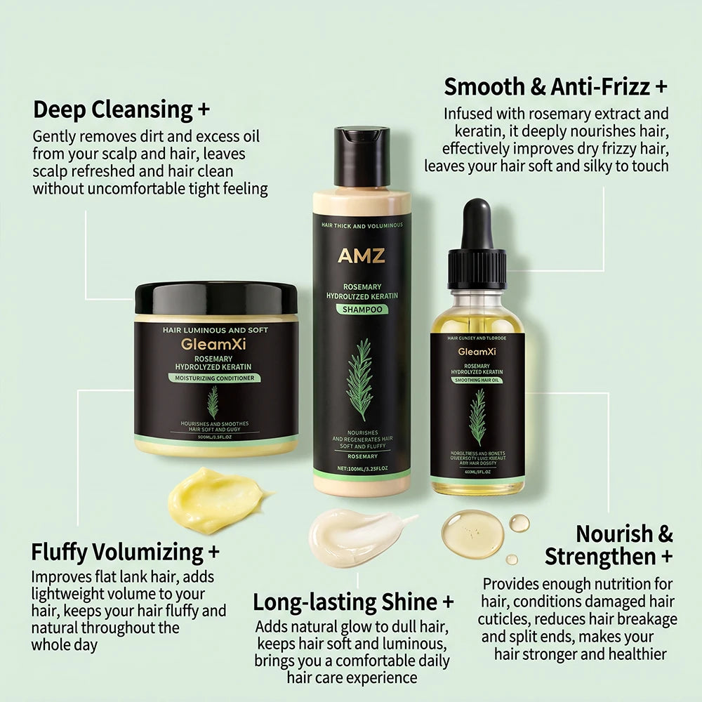 Rosemary Hair Set- Shampoo, Conditioner, Oil -Nourishing, Smoothing, Hydrating Silky Shine- 3pcs Daily Care