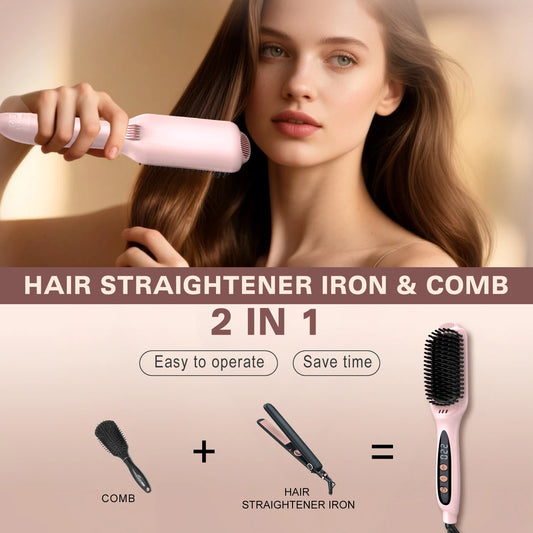 LANDOT Hair Straightener Brush Heats up in 30 seconds Anti-Scald Hot Comb with Ionic Ceramic Bristles, Salon-Smooth & Frizz-Free Results