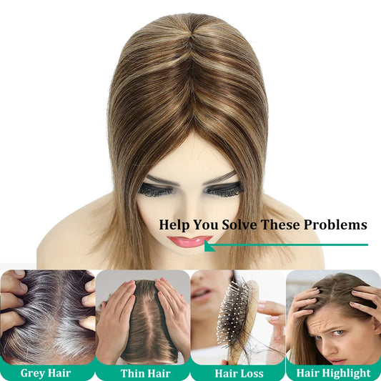 10-18 Inches Hair Topper with Clips 100% Remy Human Hair Toppers For Thin Hair Natural Color Clip In One Piece Hair Extensions