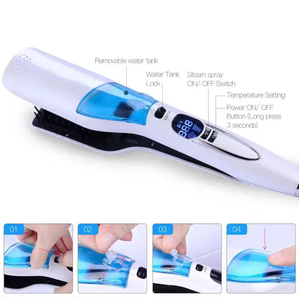 Steam Hair Straightener Brush/ Anti-scald /Negative Ion Hair Care /Ceramic Wide Hair Curling Flat Plates/ Lcd Display Hot Comb