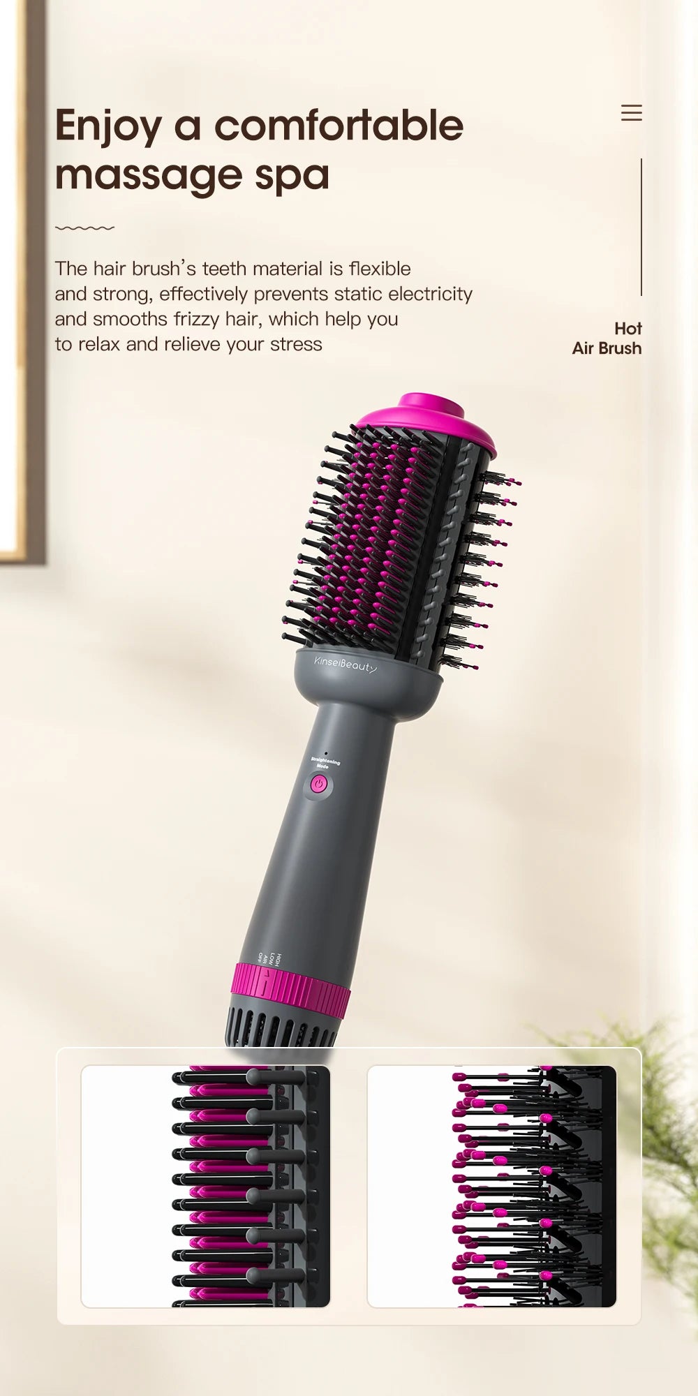 Kinsei Beauty Dryer and Straightening Brush 2 IN 1 Hair Brush Hair Dryer Hot Air Brush Ceramic Anti-ironing Blower Styling Tool