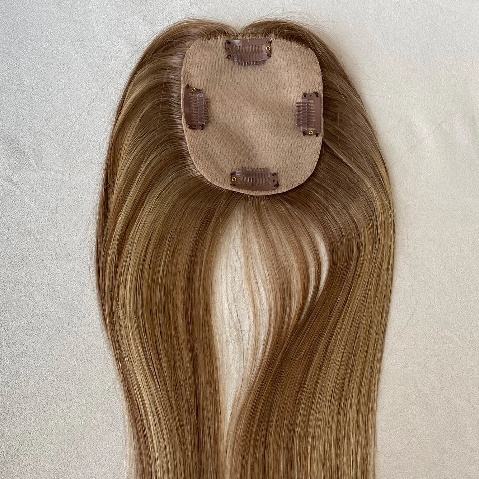 100% Human Hair Toppers for Women- 10/12 cm Silk Base Virgin Remy Hair Toppers 65-70 Grams Clip in Hair Toupee for Thinning Hair