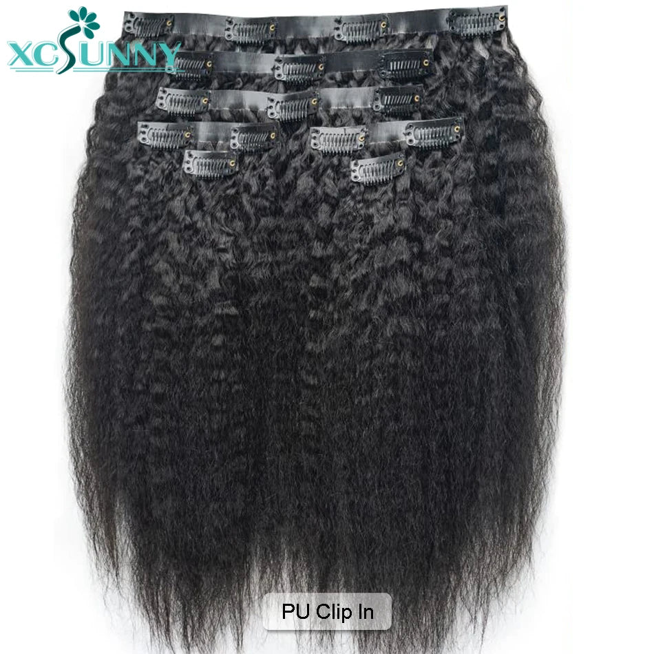 Seamless Clip In Human Hair Extensions 7pcs/Pack Double Drawn PU Skin Weft Remy Human Hair Extensions Kinky Straight