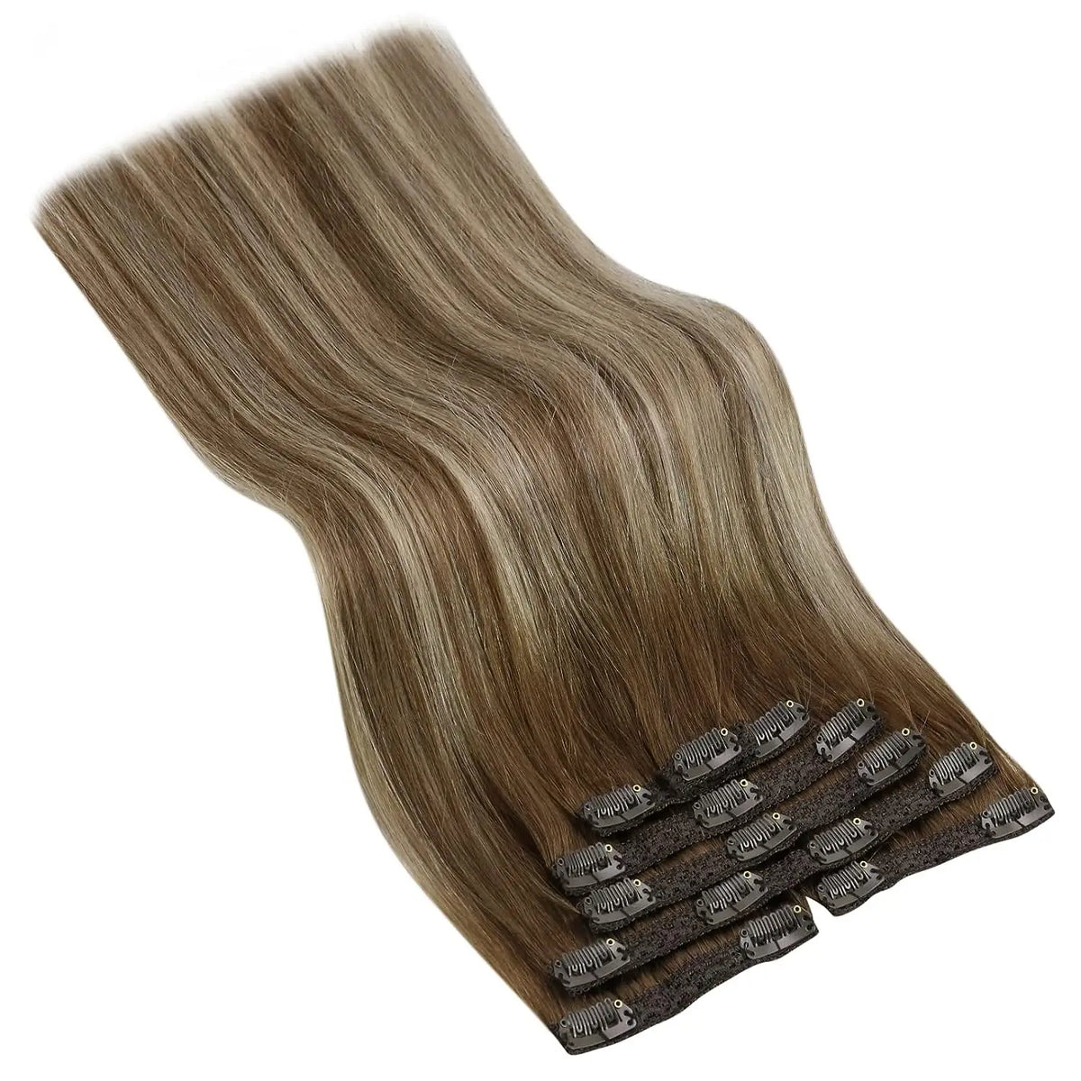 VeSunny Clip in Hair Extensions Human Hair Double Weft Remy Wigs 7pcs Clip on Extensions Dark Brown Blonde 100g Brazilian Hair