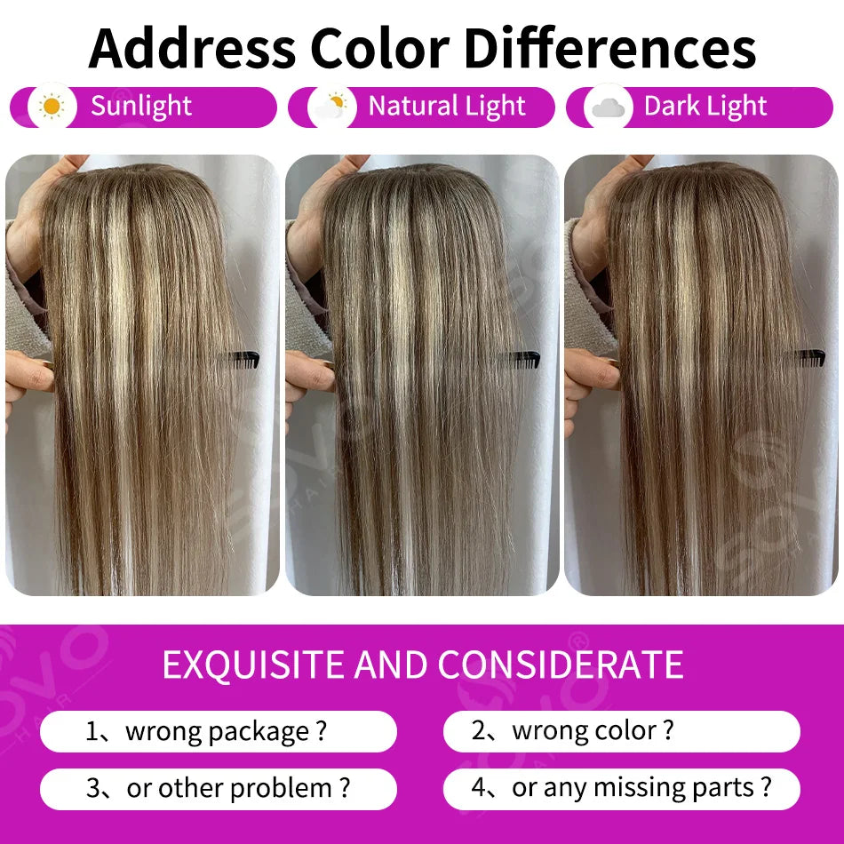 Highlight Straight Human Hair Topper for Women -10x12CM, Skin Base Hair Piece with 4 Clips, Breathable Real Human Hair