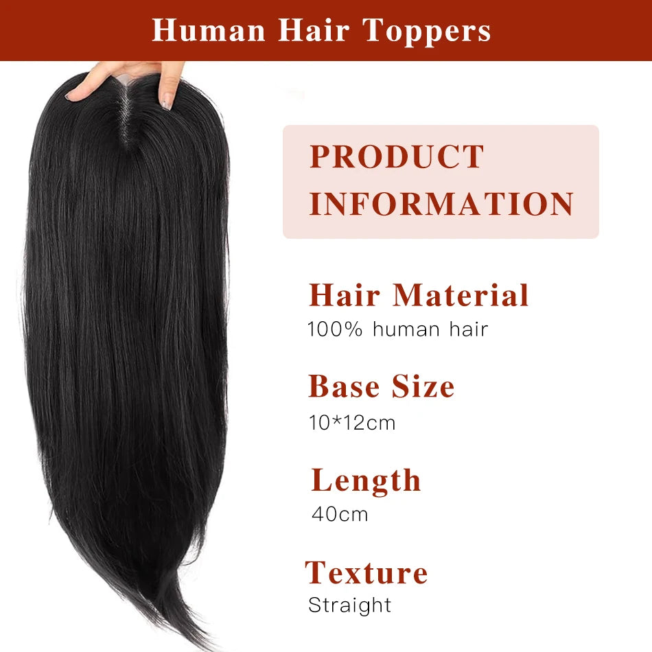 100% Human Hair Toppers for Women- 10/12 cm Silk Base Virgin Remy Hair Toppers 65-70 Grams Clip in Hair Toupee for Thinning Hair