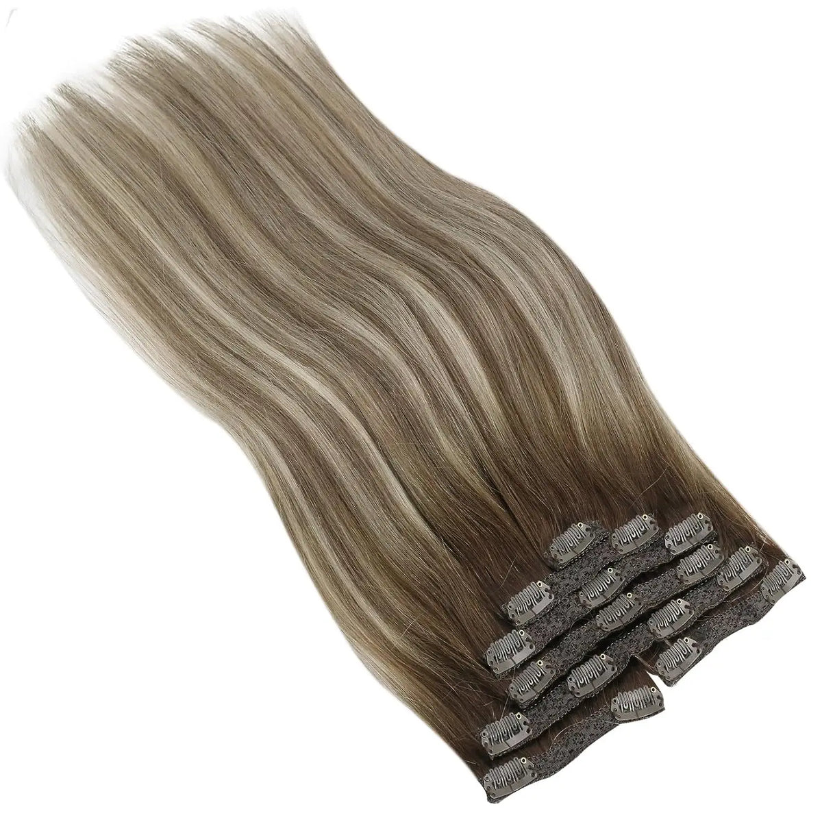 VeSunny Clip in Hair Extensions Human Hair Double Weft Remy Wigs 7pcs Clip on Extensions Dark Brown Blonde 100g Brazilian Hair