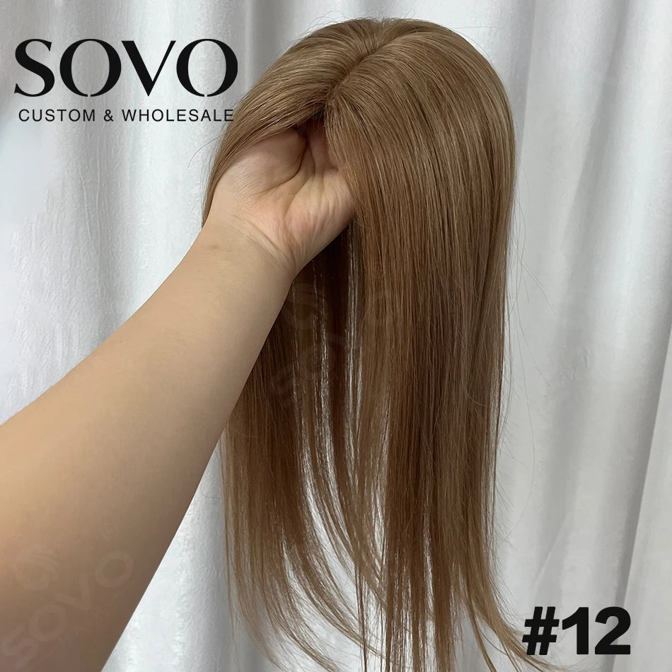Highlight Straight Human Hair Topper for Women -10x12CM, Skin Base Hair Piece with 4 Clips, Breathable Real Human Hair