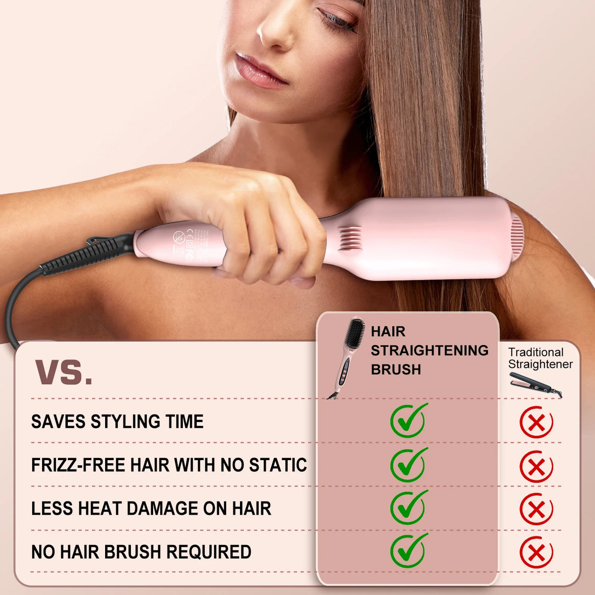 LANDOT Hair Straightener Brush Heats up in 30 seconds Anti-Scald Hot Comb with Ionic Ceramic Bristles, Salon-Smooth & Frizz-Free Results