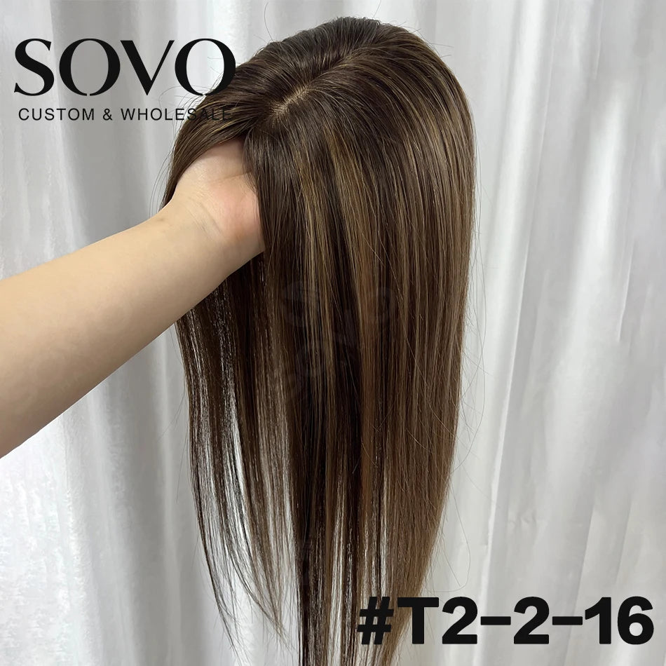 Highlight Straight Human Hair Topper for Women -10x12CM, Skin Base Hair Piece with 4 Clips, Breathable Real Human Hair