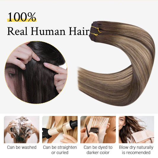 Sunmofavo Clip In Human Hair Extensions 100% Remy Straight Hair Natural Light Brown Honey Ombre 5Pcs 70g Clip On Hairpieces