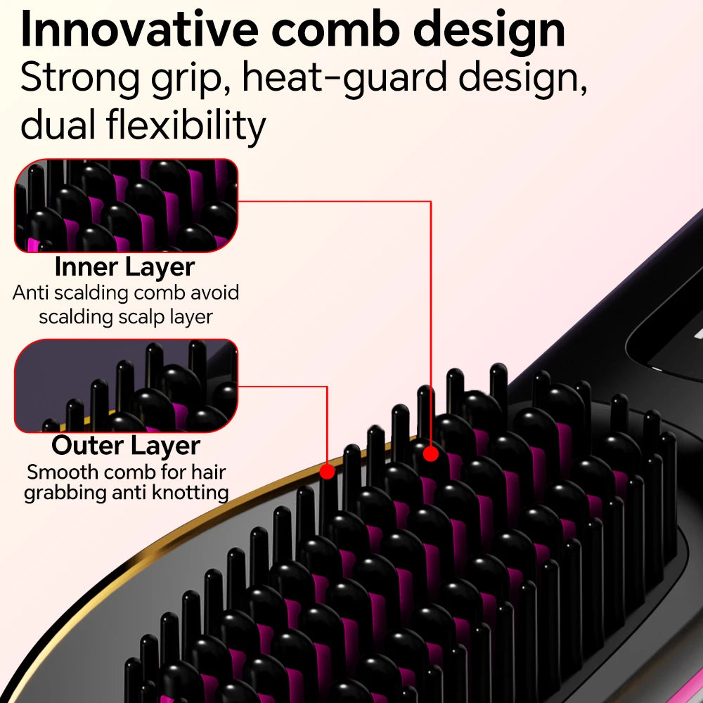 Ionic Straightening Comb, Hair Straightener Brush Ceramic Hot Comb for Women - 20s Fast Heating, 3 Temp Settings and LED Display