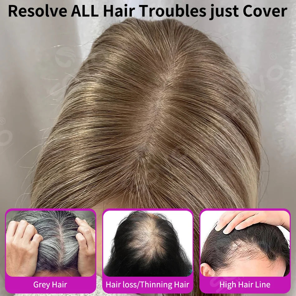 Highlight Straight Human Hair Topper for Women -10x12CM, Skin Base Hair Piece with 4 Clips, Breathable Real Human Hair